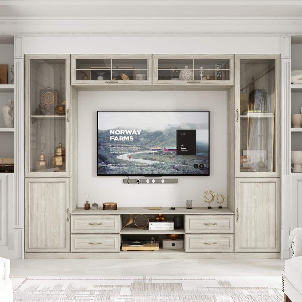 FUFU GAGA Gray Grain Wood Entertainment Center Fits TV s up to 75 in. with TV Console Top Shelves Bookcase Glass Door Cabinets KF170337 012 The
