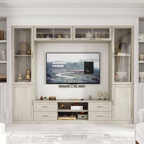 FUFU&GAGA Gray Grain Wood Entertainment Center Fits TV's up to 75 in. with TV Console, Top Shelves, Bookcase, Glass Door Cabinets