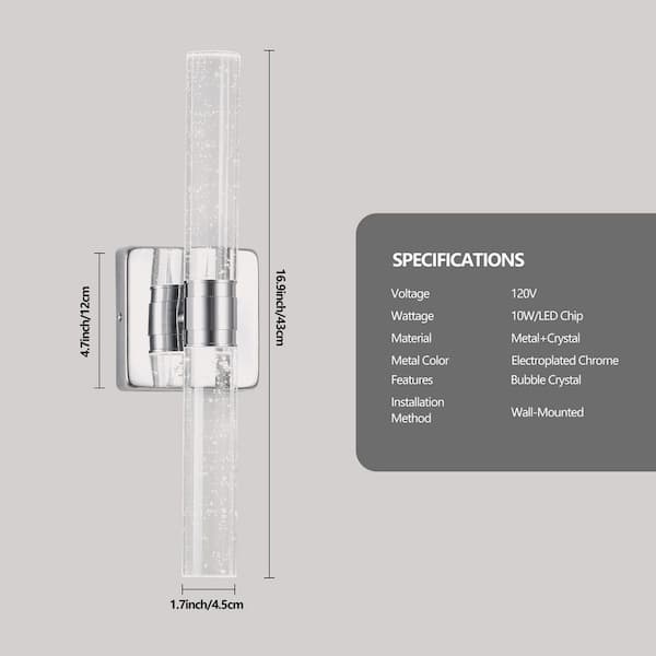 17 in. 2-Light Chrome Finish with Bubble Crystal Modern Wall Sconce for Bathroom, Vertical or Horizontal Wall Mount