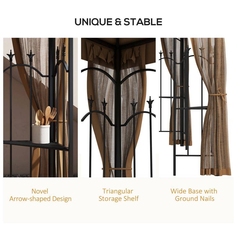Outsunny Brown Steel Outdoor Patio Gazebo with Mesh Curtains and Shelves