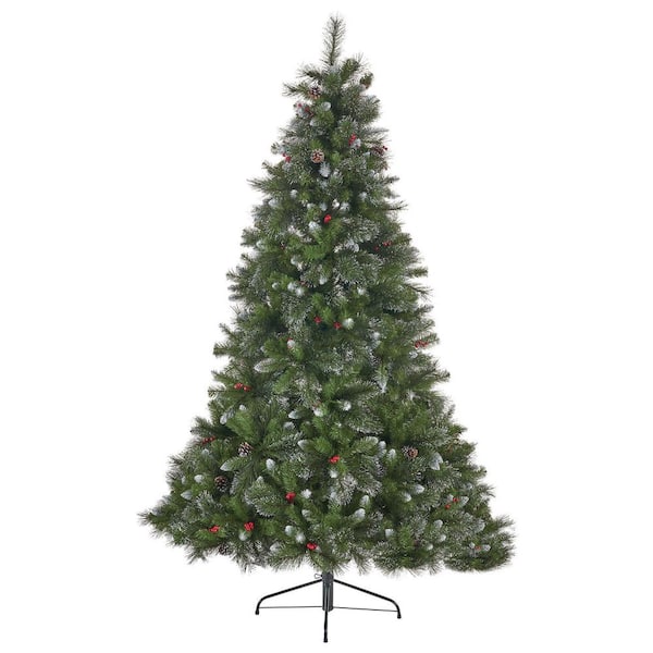 Tunearary 9 ft. Glitter Bristle Mixed Hinged Tree with 72 Red Berry/73 Pinecones/2099 tips