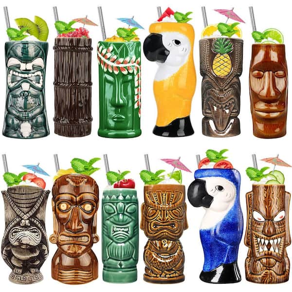 12 Pack 20 oz. Ceramic Tiki Mugs Cocktail Hawaiian Party Cup, Bar Hawaiian and Halloween Christmas Party Barware