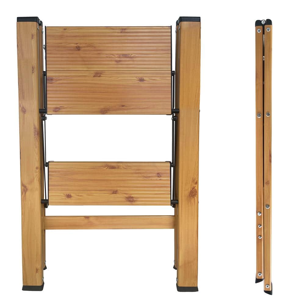 Tan 2-Step Aluminum Wood Grain Folding Ladder
