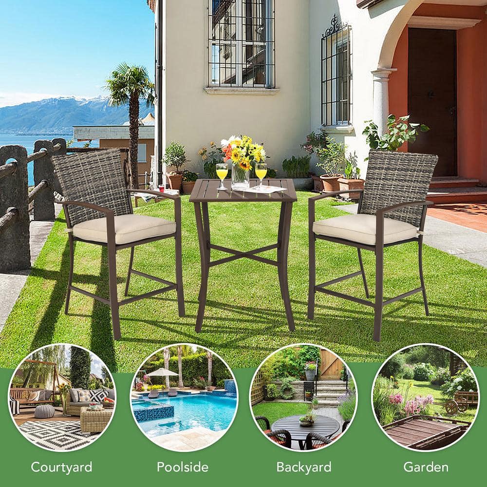 Brown Rattan and Steel 2-Person Patio Bar Set with Cushioned Stools