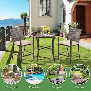 3-Piece Patio Rattan Metal Outdoor Serving Bar Set with Slat Table 2 Cushioned Stools Poolside Brown