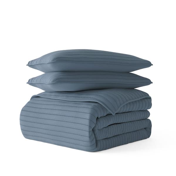 Becky Cameron All Season 3-Pcs Dusk Blue Microfiber Twin/Twin XL Stripe Stitch Quilt Set with Shams