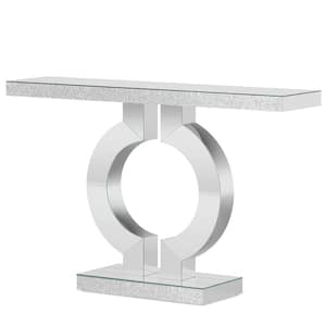 Turrella 43 in. Silver Rectangle Mirrored Glass Console Table Sofa Table with O-Shaped Base for Entrance Hallway