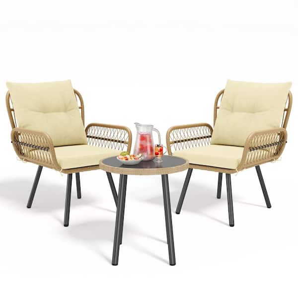 Lofka 3-Pieces Outdoor Patio Furniture Set, Wicker Bistro Conversation Set with Cushion for Backyard, Poolside, Beige