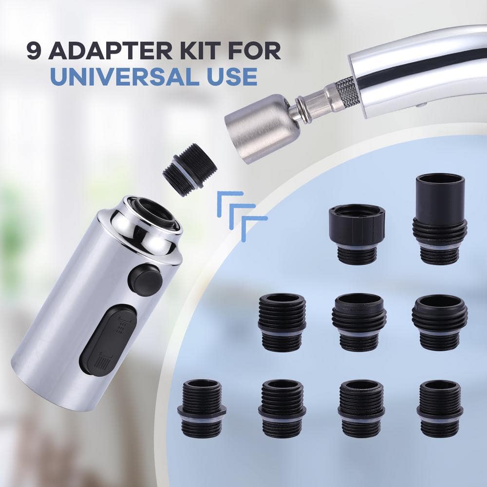Chrome 3-Function Kitchen Faucet Spray Head with 9 Adapters