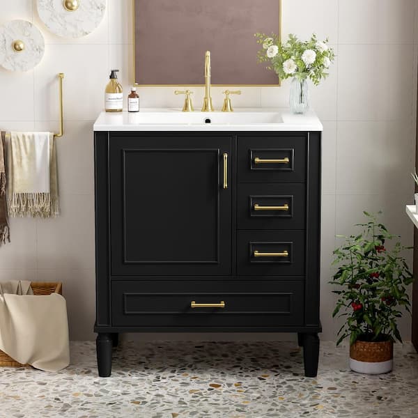 30 in. Single Sink Freestanding Solid Wood Feet Black Bath Vanity with White Ceramic Top, Gold Metal Handles