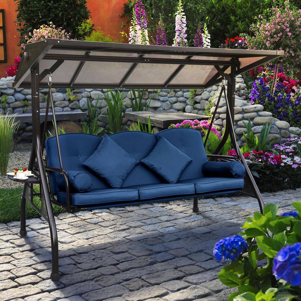 Outdoor Porch Metal Swings with Adjustable PC Canopy, Cushions, Foldable Cup Holders and Pillows, Blue price history on PriceWatchPro