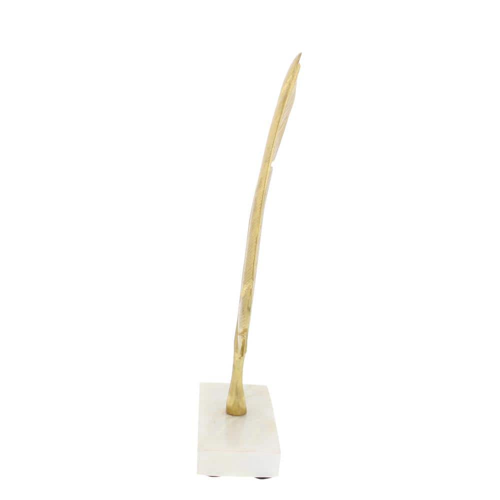 Gold Metallic Bird Feather Sculpture with Marble Base, 12" Height