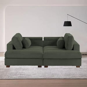 Modern 84 in. Square Arm Polyester Corduroy Upholstery Rectangle Chaise Deep-Seated Sleeper Sectional Sofa in. Green