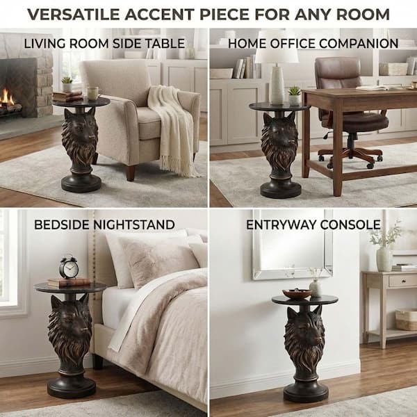 Wolf Head Accent Table Animal Statue End Tables in Brown for