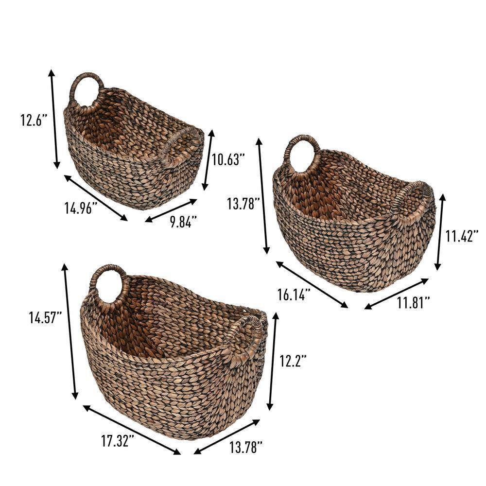 Nellie Brown Handwoven Hyacinth Boat Storage Baskets with Handles, Set of 3