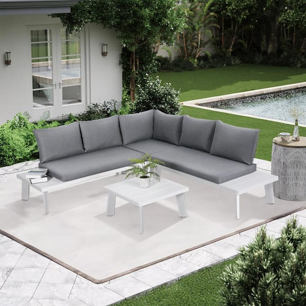 Freestyle 4-Piece Aluminum White L-Shaped Outdoor Conversation Sofa Set with Light Grey Cushions