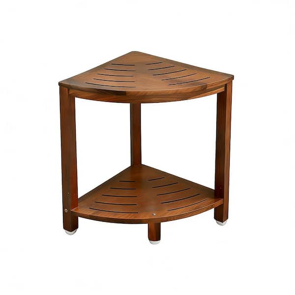 12.6 in. Teak Corner Shower Bench Seat with Storage Shelf, Waterproof Teak Wood Shower Foot Rest for Shaving Legs