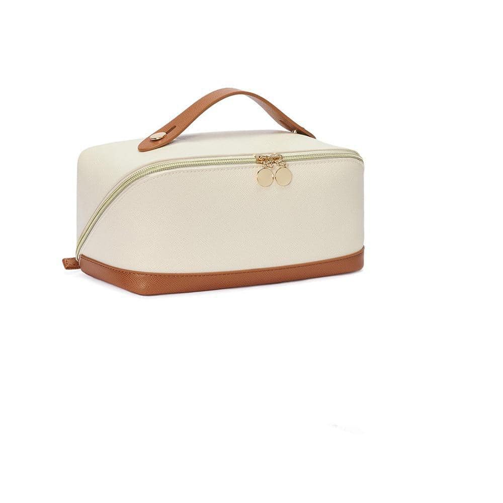 Lynzavix Beige Leather Travel Makeup Toiletry Bag with Wide
