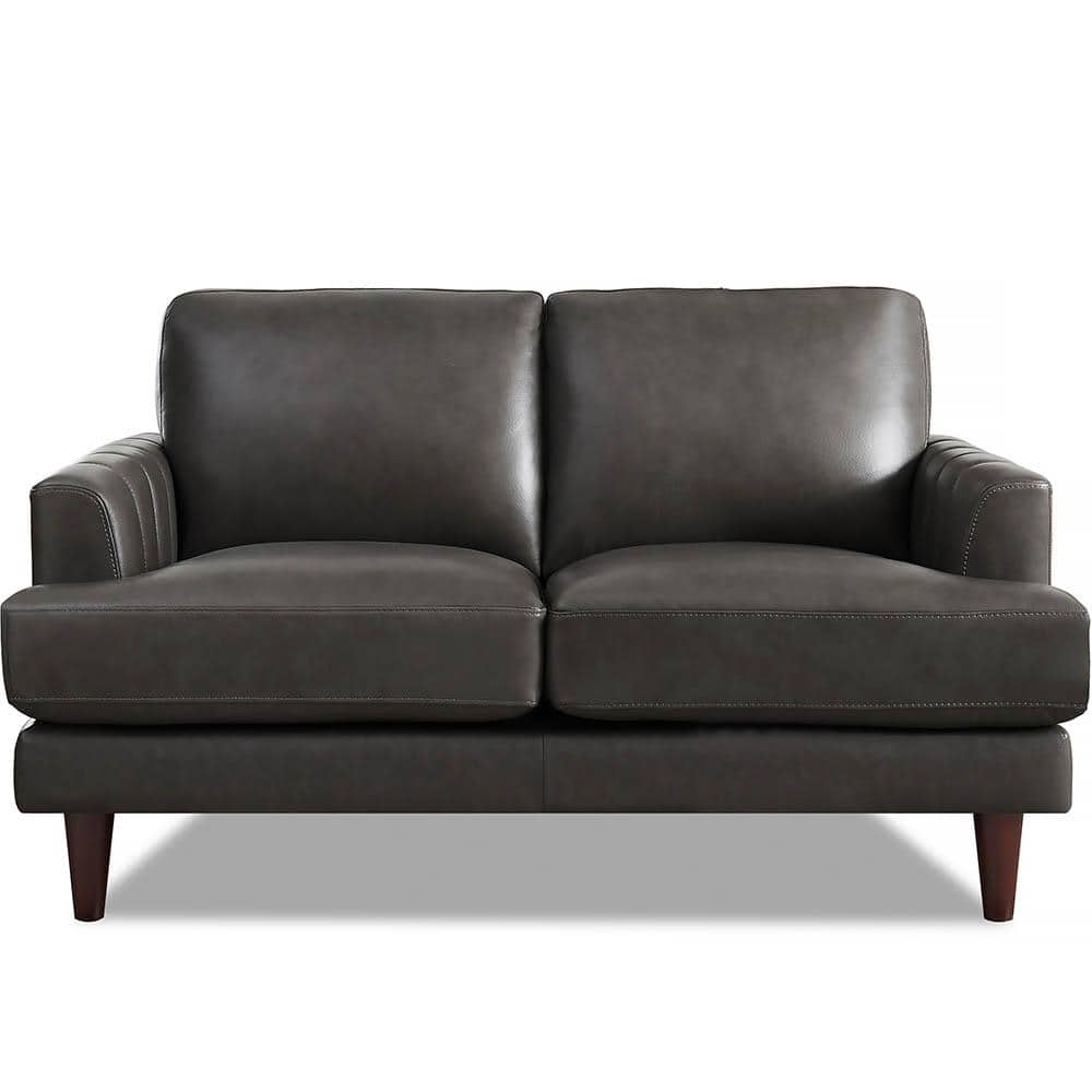Cassia 57 in. Concord Gray Solid Top Grain Leather 2-Seater Loveseat with R