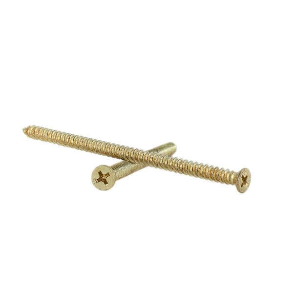 Fringe Screw #10 x 4 in. Satin Brass Phillips Flat-Head Long Hinge Screw with Oversize Threads to Secure Entry Doors (18-Pack)