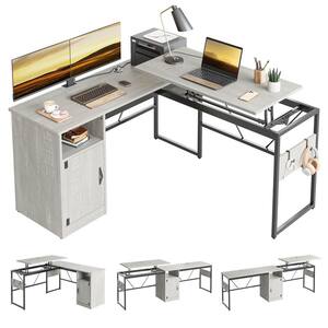 60 in. Wash White Reversible L-Shaped Computer Desk With Lift-Top and Cabinet