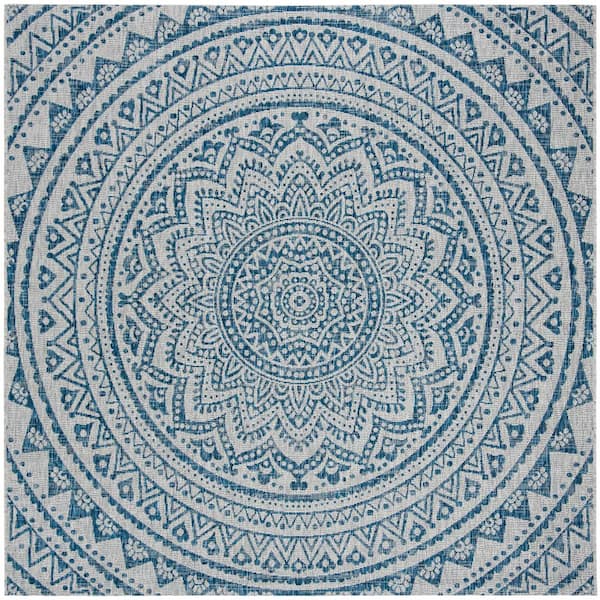 Courtyard Light Gray/Blue 3 ft. x 3 ft. Medallion Indoor/Outdoor Square Area Rug