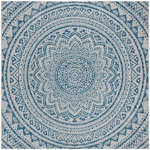 Courtyard Light Gray/Blue 7 ft. x 7 ft. Square Geometric Indoor/Outdoor Patio  Area Rug