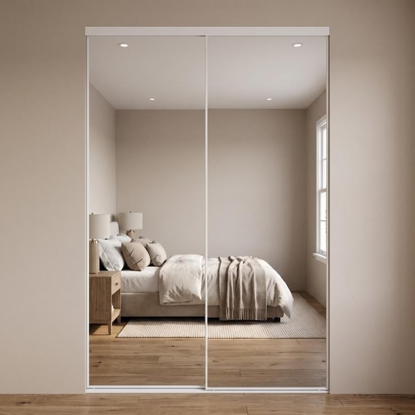 90 in. x 80 in. Aluminum Framed Mirror Interior Closet Sliding Door with White Trim