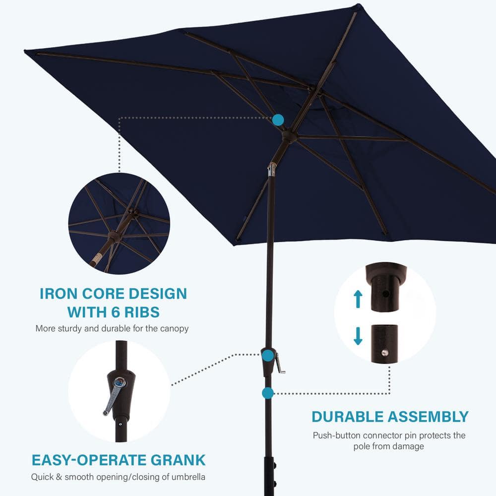Navy Blue Rectangular Steel Patio Umbrella with Crank Lift