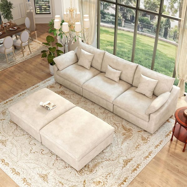 119.2 in. Square Arm 5-Piece Linen U-Shaped Down Feather Modular Free Combination Sectional Sofa with Ottoman in Brown