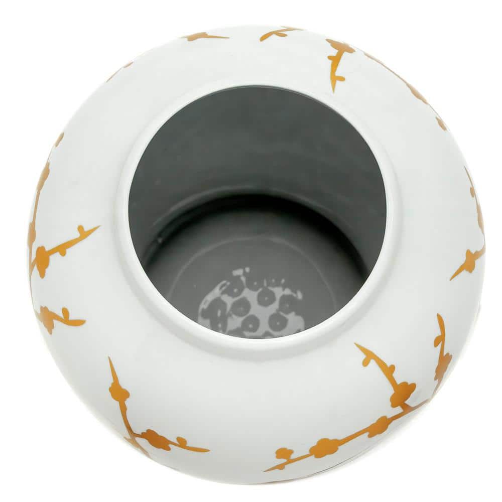 18" White and Gold Porcelain Temple Jar with Glossy Finish