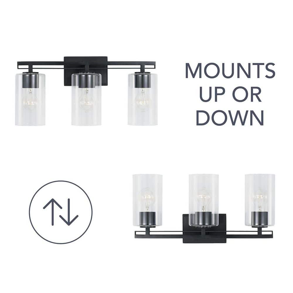 Matte Black Steel and Glass 3-Light Dimmable Vanity Fixture