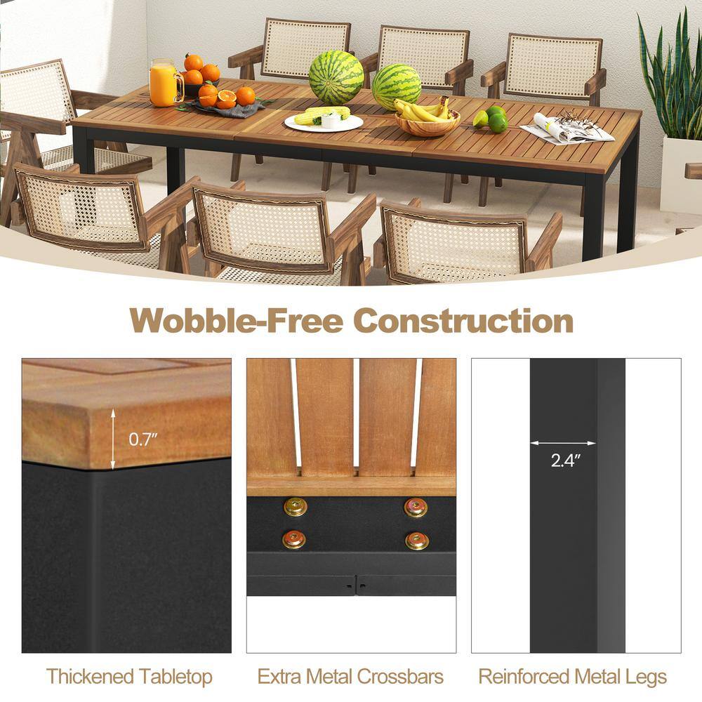 79" Natural Acacia Wood and Black Metal Outdoor Dining Table with Umbrella Hole