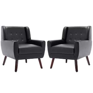 Mid-Century Modern Button Black PU Leather Accent Arm Chair (set of 2)