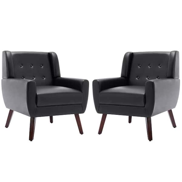 Uixe Mid-Century Modern Button Black PU Leather Accent Arm Chair (set of 2)