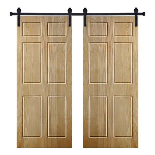 AIOPOP HOME Modern 6-Panel Designed 60 in. W. x 80 in. Wood Panel Mother Nature Painted Double Sliding Barn Door with Hardware Kit