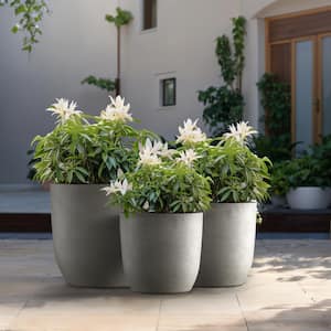 13.5 in., 17 in., 20.5 in. Dia Light Gray Large Tall Round Concrete Plant Pot / Planter for Indoor and Outdoor Set of 3