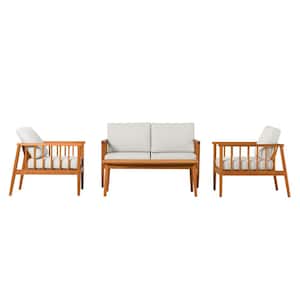 Brown 4-Piece Eucalyptus Wood Modern Spindle Patio Conversation Set with Light Pewter Cushions