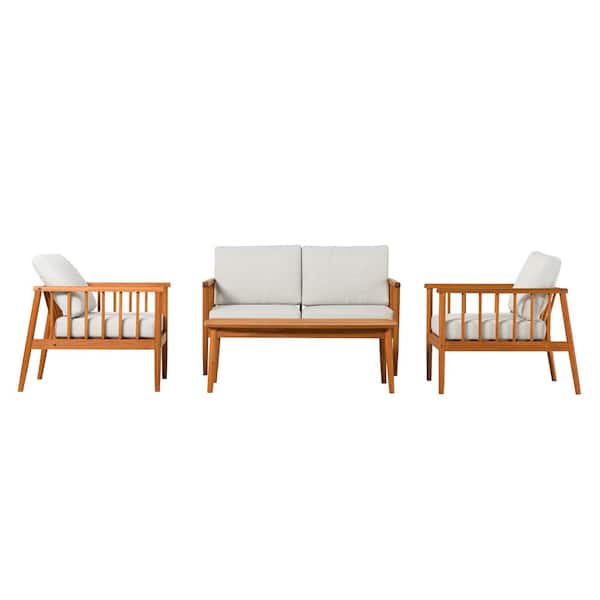 Welwick Designs Brown 4-Piece Eucalyptus Wood Modern Spindle Patio Conversation Set with Light Pewter Cushions