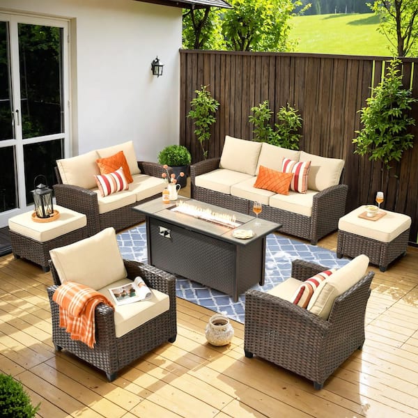 Toject Palermo Brown 7-Piece Wicker Outdoor Modular Patio Furniture Sofa Set with Metal Fire Pit and Beige Cushions