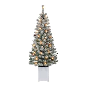 5 ft. Pre-Lit Potted Flocked Western Spruce Artificial Christmas Trees 70 UL Clear Incandescent Lights (Set of 2)