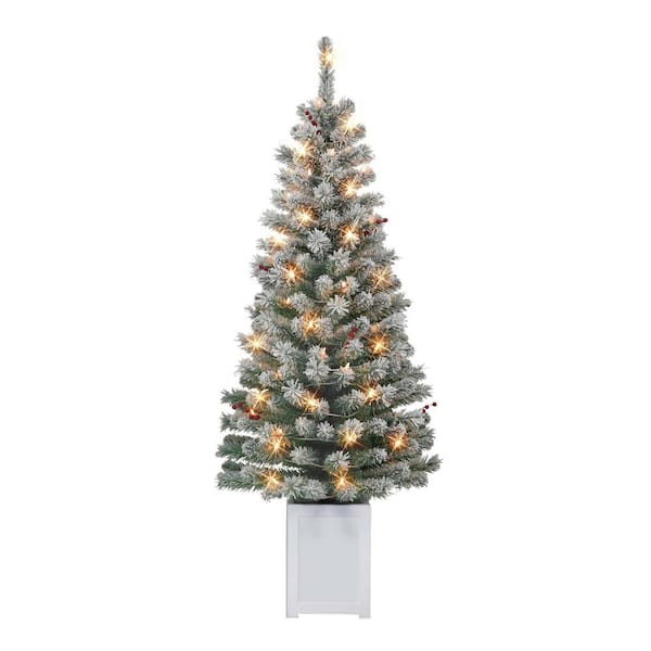 Puleo International 5 ft. Pre-Lit Potted Flocked Western Spruce Artificial Christmas Trees 70 UL Clear Incandescent Lights (Set of 2)