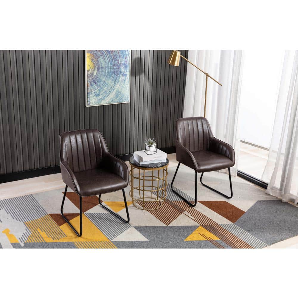 Low-Profile Black Leather Upholstered Arm Chair with Metal Base