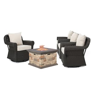 5-Piece Faux Rattan Patio Fire Pit Conversation Set with Beige Cushions