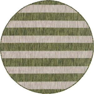 Outdoor Distressed Stripe Green 4 ft. Round Area Rug