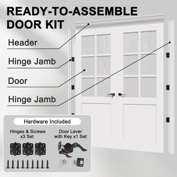 48 in. x 80 in. 6-Lite Clear Glass Universal White Solid Core Wood Double Prehung French Door+ Separate Jamb and Lockset