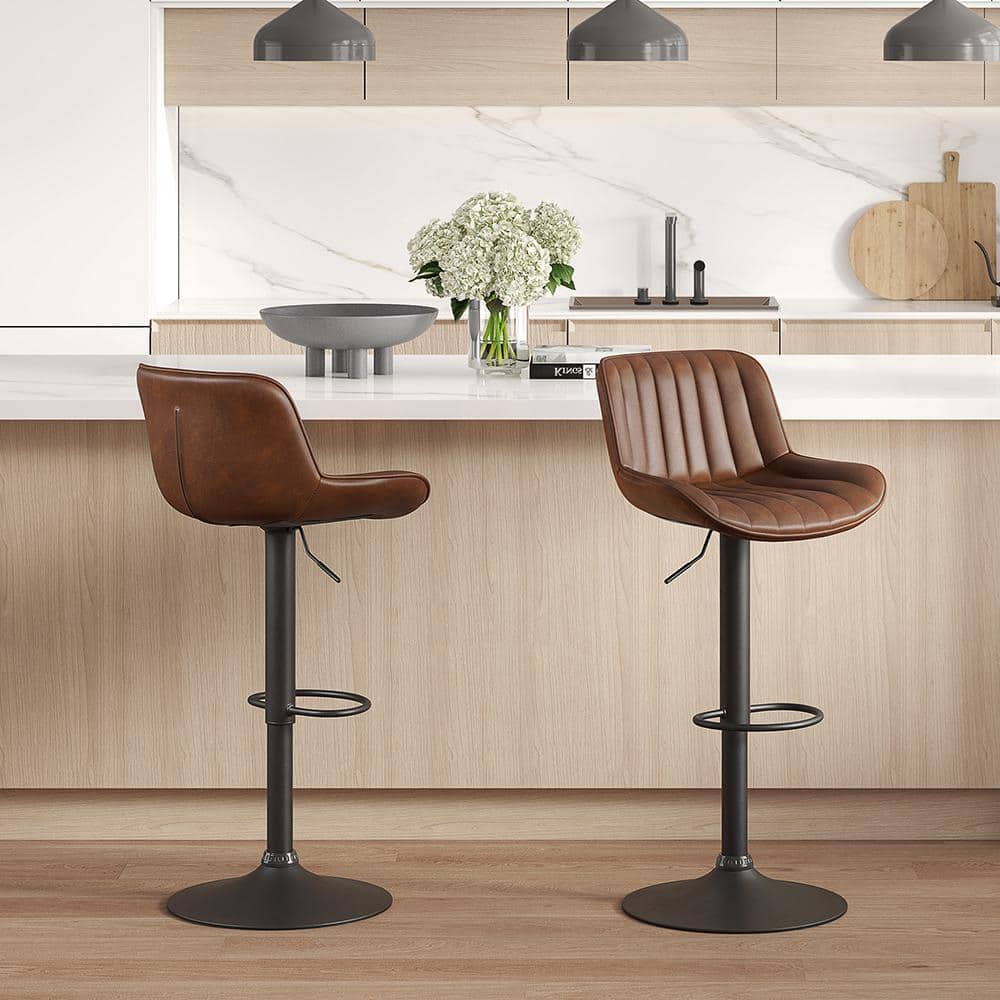 Cognac Elegance Adjustable Swivel Barstool Set in Faux Leather