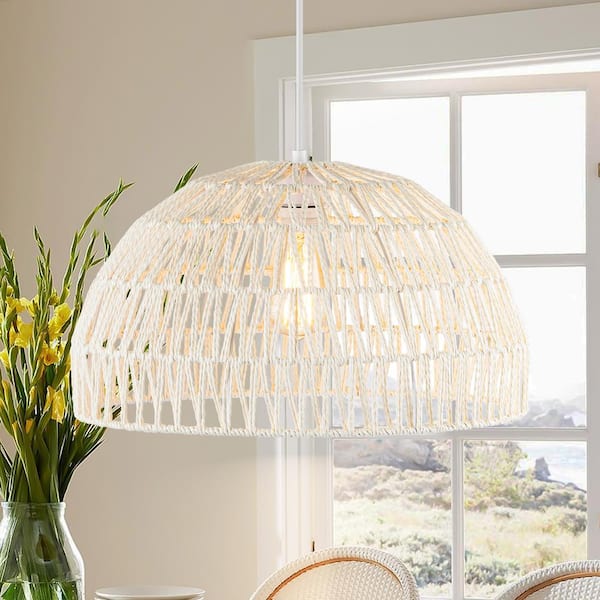 Rennnsan Zoe 19.68 in. W 60-Watt 1-Light Pendant Light with Beige Bohemian Woven Rattan Shade