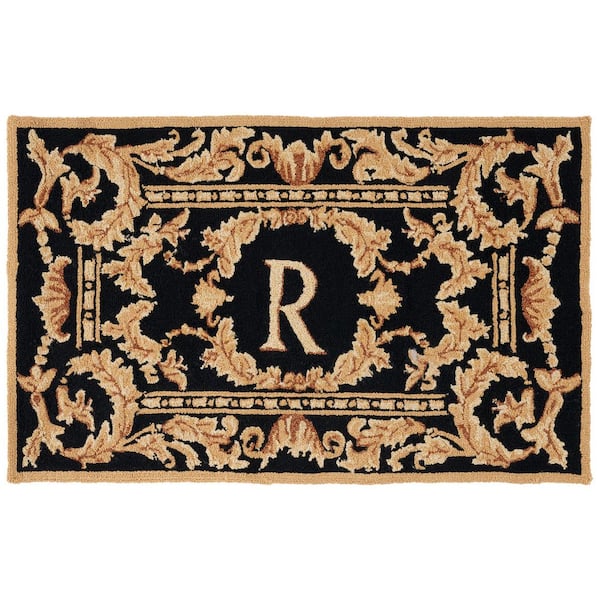 Monogram Black 3 ft. x 4 ft. "R" Ornate Leaf Indoor/Outdoor Area Rug