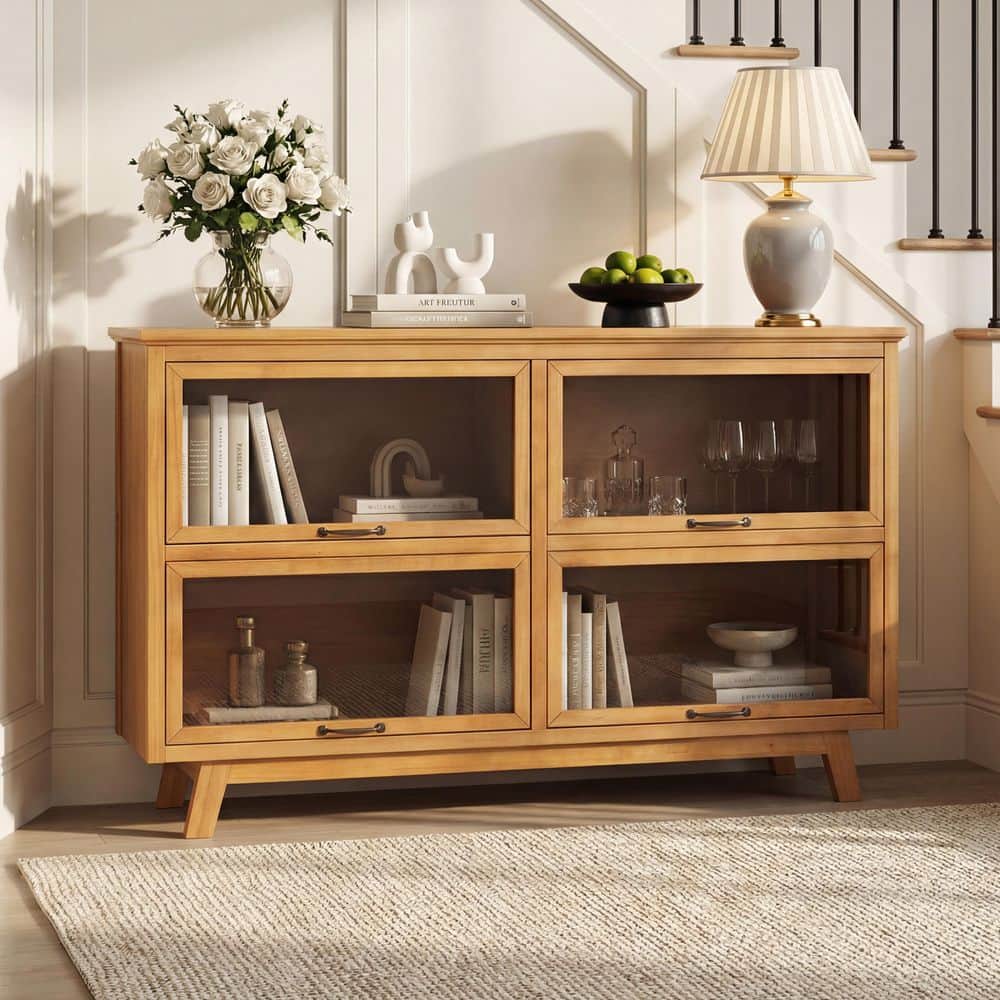 Natural 37.3 in. H Modern Mid-Century Wood Sideboard Storage Display Cabinet with 4 Glass Doors